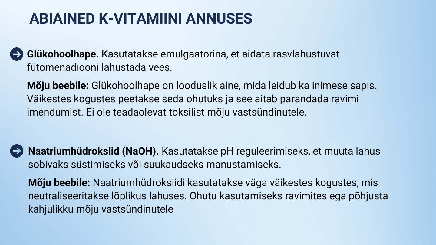 Kirjeldus K-vitamiini annuses leiduvatest abiainetest nagu letsitiin, soolhape ja vesi